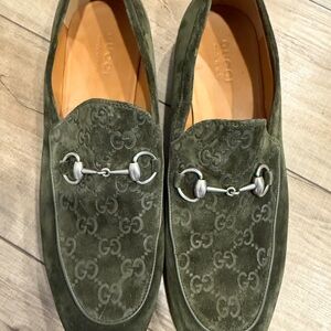 Gucci Green Suede Loafers with Horse Bit Accent